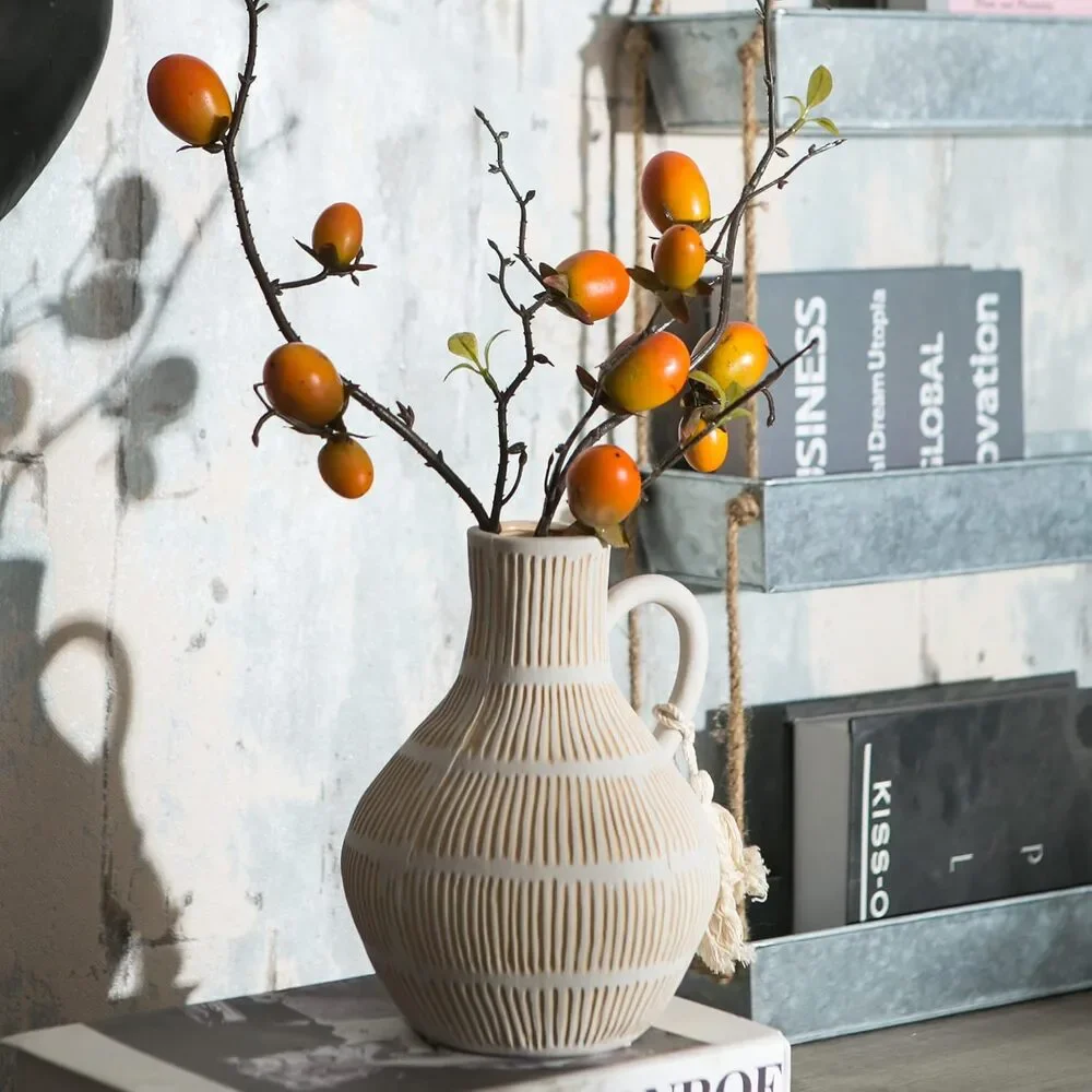 Rustic Ceramic Vase, Farmhouse Pampas Grass, Terracotta Tassel, Clay 8 inch Tall